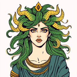 A Greek-style illustration of Medusa, showcasing her iconic serpentine hair with an emphasis on green and gold hues