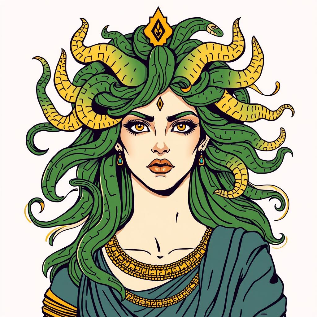 A Greek-style illustration of Medusa, showcasing her iconic serpentine hair with an emphasis on green and gold hues