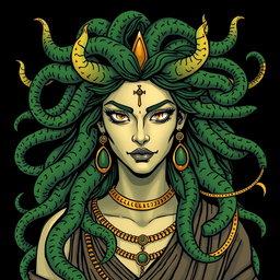 A Greek-style illustration of Medusa, showcasing her iconic serpentine hair with an emphasis on green and gold hues