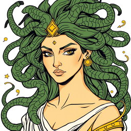 A Greek-style illustration of Medusa, showcasing her iconic serpentine hair with an emphasis on green and gold hues