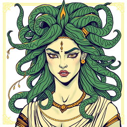 A Greek-style illustration of Medusa, showcasing her iconic serpentine hair with an emphasis on green and gold hues