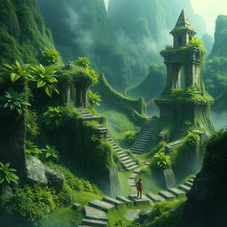 A dynamic fantasy scene inspired by Gongaga, featuring lush greenery and mysterious ruins