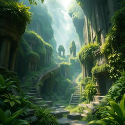 A dynamic fantasy scene inspired by Gongaga, featuring lush greenery and mysterious ruins