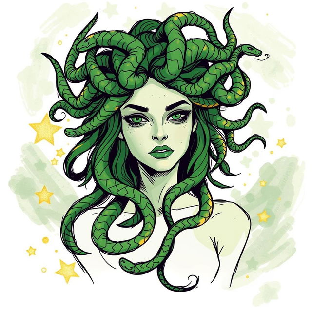 A sketch-style illustration of Medusa featuring predominantly green and golden hues