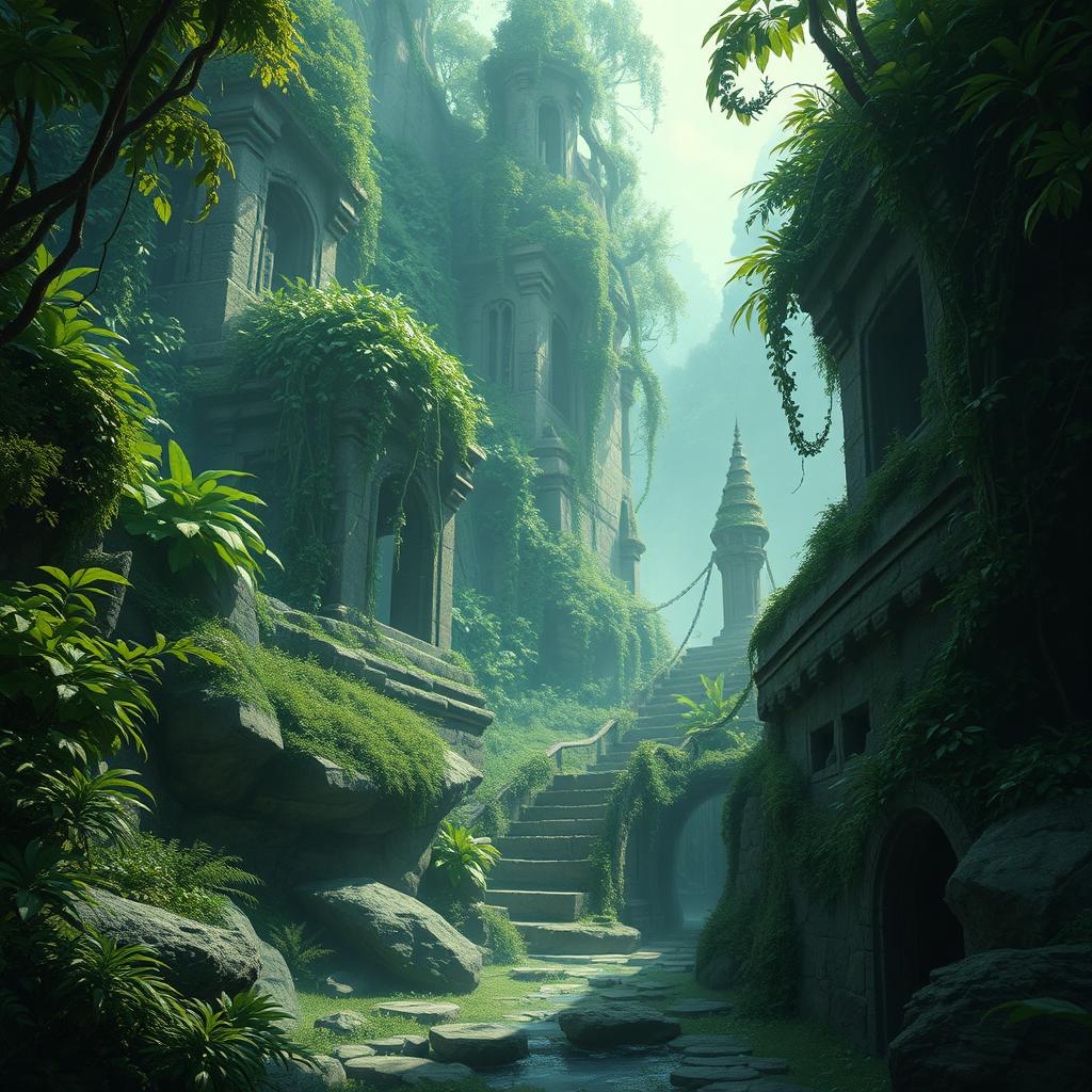 A dynamic fantasy scene inspired by Gongaga, featuring lush greenery and mysterious ruins