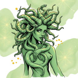 A sketch-style illustration of Medusa featuring predominantly green and golden hues