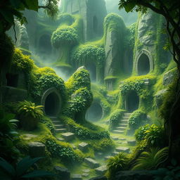 A dynamic fantasy scene inspired by Gongaga, featuring lush greenery and mysterious ruins