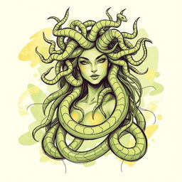 A sketch-style illustration of Medusa featuring predominantly green and golden hues