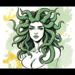 A sketch-style illustration of Medusa featuring predominantly green and golden hues