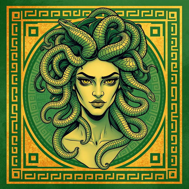 A Greek-style drawing of Medusa for a book cover, featuring predominantly green and golden colors