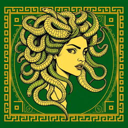 A Greek-style drawing of Medusa for a book cover, featuring predominantly green and golden colors