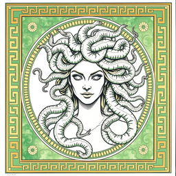 A Greek-style drawing of Medusa for a book cover, featuring predominantly green and golden colors