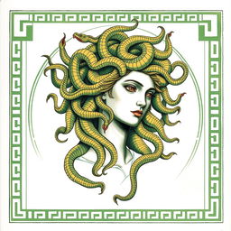 A Greek-style drawing of Medusa for a book cover, featuring predominantly green and golden colors