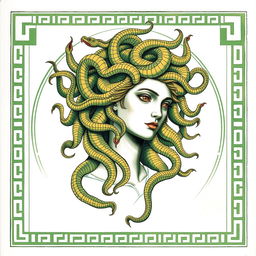 A Greek-style drawing of Medusa for a book cover, featuring predominantly green and golden colors