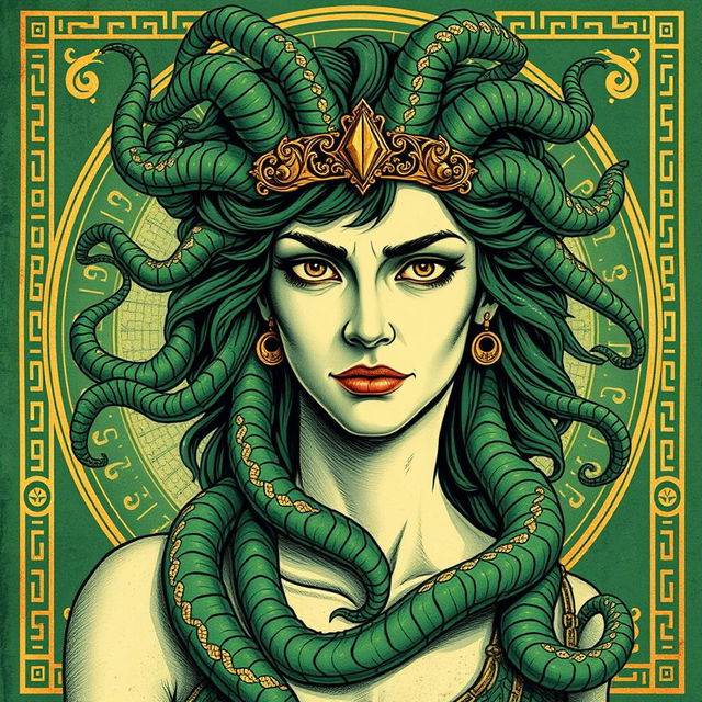 Medusa depicted in a classical Greek drawing style, perfect for a book cover