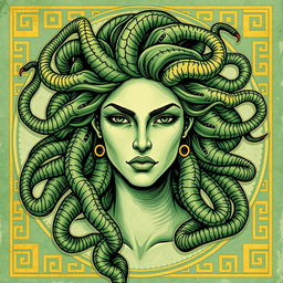 Medusa depicted in a classical Greek drawing style for a book cover, featuring predominantly green and gold colors