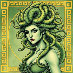 Medusa depicted in a classical Greek drawing style for a book cover, featuring predominantly green and gold colors