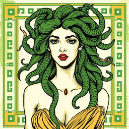 Medusa depicted in a classical Greek drawing style for a book cover, featuring predominantly green and gold colors