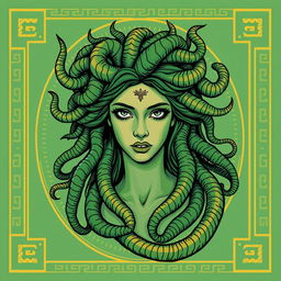 Medusa depicted in a classical Greek drawing style for a book cover, featuring predominantly green and gold colors