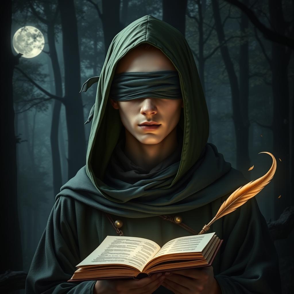 A young adult male wizard with a bald head and no hair, wearing a green hood and a cloth blindfold over his eyes