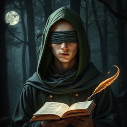 A young adult male wizard with a bald head and no hair, wearing a green hood and a cloth blindfold over his eyes