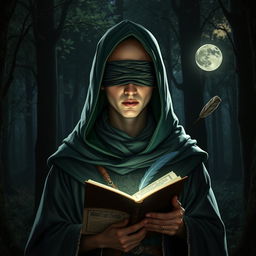 A young adult male wizard with a bald head and no hair, wearing a green hood and a cloth blindfold over his eyes