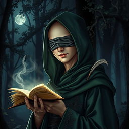 A young adult male wizard with a bald head and no hair, wearing a green hood and a cloth blindfold over his eyes