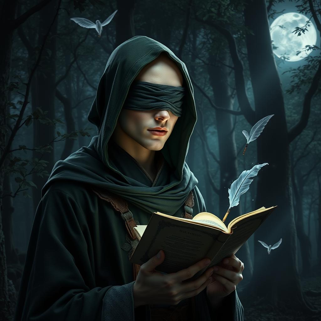 A young adult male wizard with a bald head and no hair, wearing a green hood and a cloth blindfold over his eyes