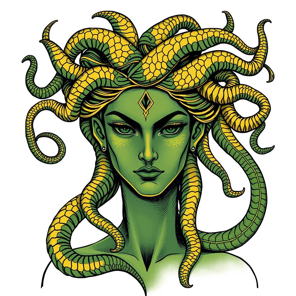 Medusa depicted in a classical Greek drawing style, envisioned for a book cover with predominantly green and gold hues