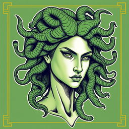 Medusa depicted in a classical Greek drawing style, envisioned for a book cover with predominantly green and gold hues