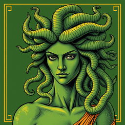 Medusa depicted in a classical Greek drawing style, envisioned for a book cover with predominantly green and gold hues