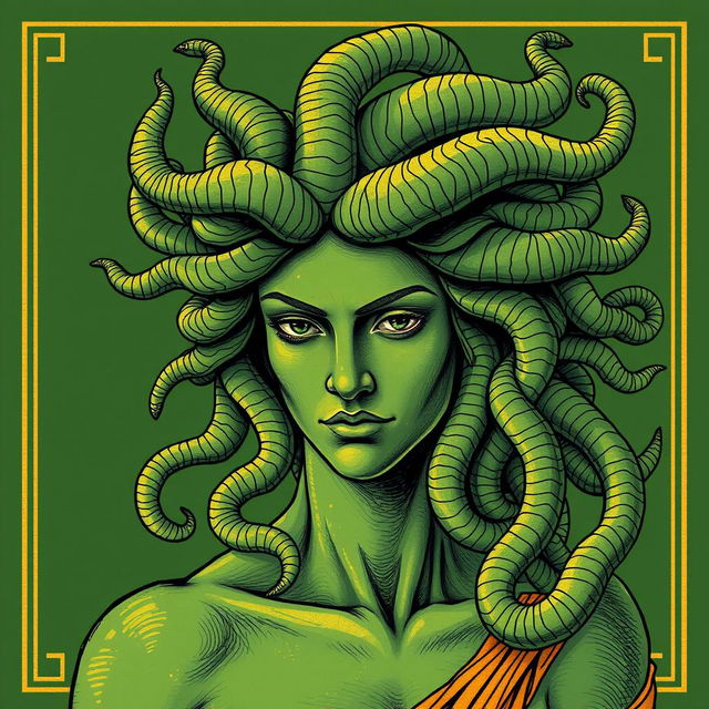 Medusa depicted in a classical Greek drawing style, envisioned for a book cover with predominantly green and gold hues