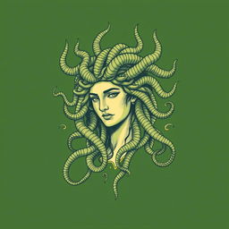 Medusa depicted in a classical Greek drawing style, envisioned for a book cover with predominantly green and gold hues