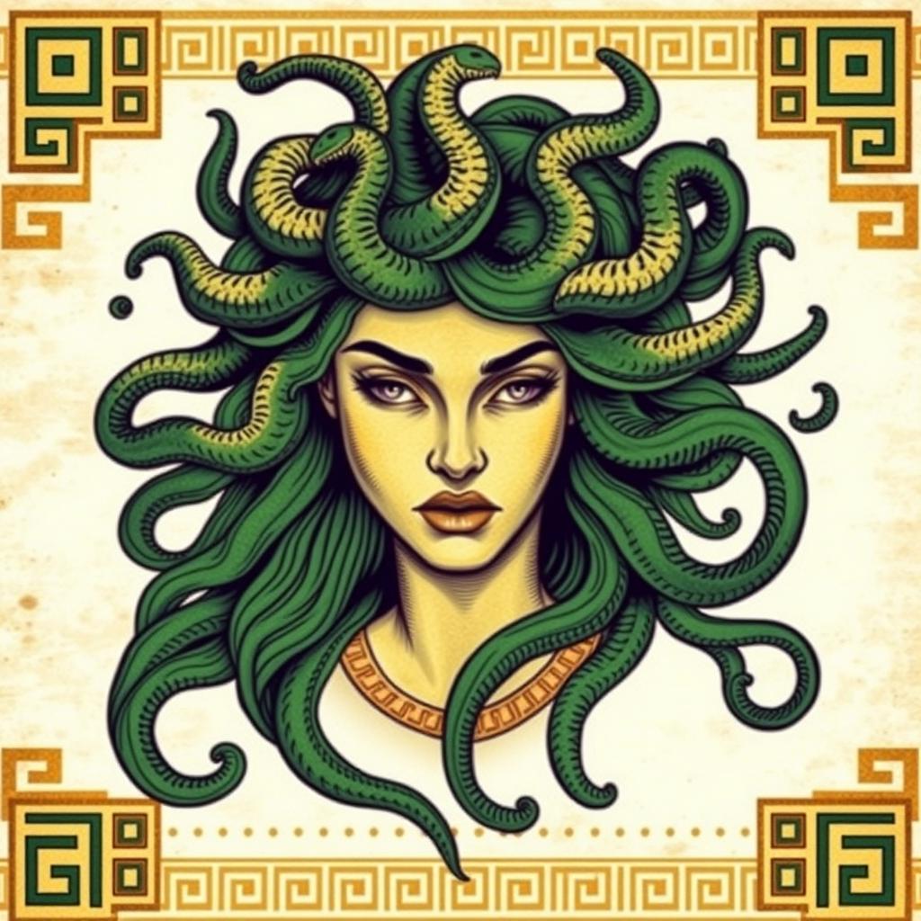 Medusa depicted in a classical Greek drawing style for a book cover, with dominant colors of green and gold