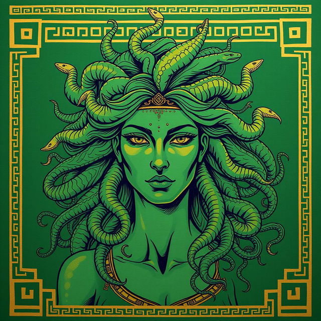 Medusa depicted in a classical Greek drawing style for a book cover, with dominant colors of green and gold