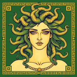 Medusa depicted in a classical Greek drawing style for a book cover, with dominant colors of green and gold