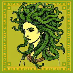 Medusa depicted in a classical Greek drawing style for a book cover, with dominant colors of green and gold