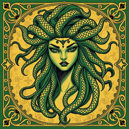 Medusa depicted in a Nordic drawing style for a book cover, featuring predominantly green and gold colors