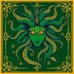 Medusa depicted in a Nordic drawing style for a book cover, featuring predominantly green and gold colors