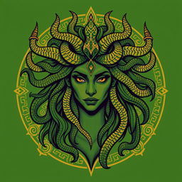 Medusa depicted in a Nordic drawing style for a book cover, featuring predominantly green and gold colors