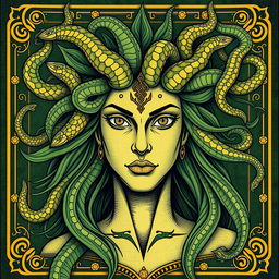 Medusa depicted in a Nordic drawing style for a book cover, featuring predominantly green and gold colors