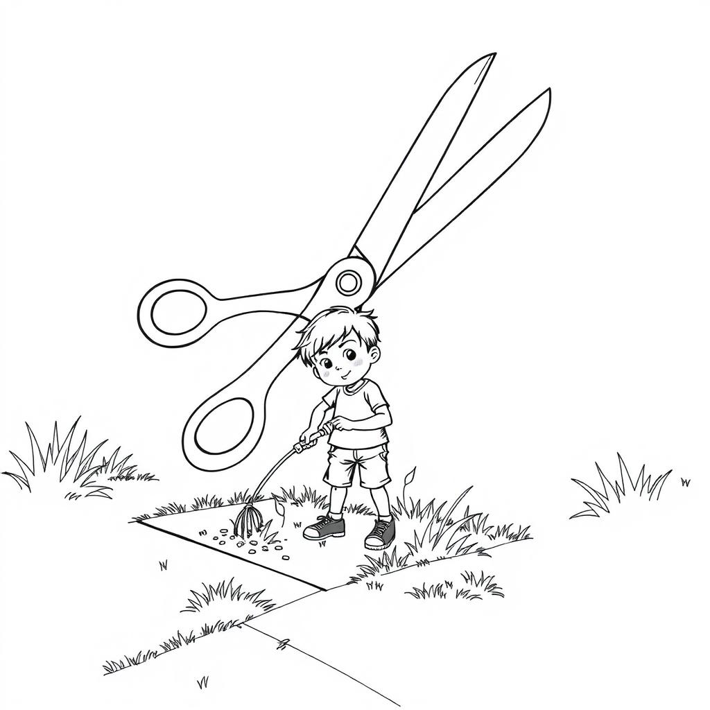 A surreal coloring page depicting a child enthusiastically cutting grass on the sidewalk with a gigantic pair of scissors, towering majestically over the child