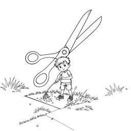 A surreal coloring page depicting a child enthusiastically cutting grass on the sidewalk with a gigantic pair of scissors, towering majestically over the child