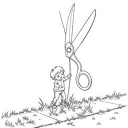 A surreal coloring page depicting a child enthusiastically cutting grass on the sidewalk with a gigantic pair of scissors, towering majestically over the child