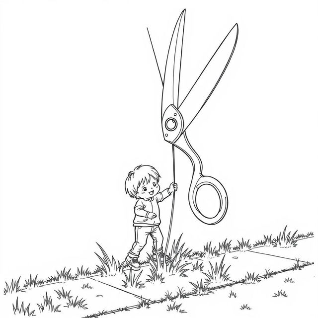 A surreal coloring page depicting a child enthusiastically cutting grass on the sidewalk with a gigantic pair of scissors, towering majestically over the child