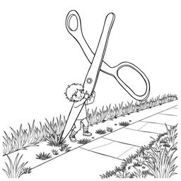 A surreal coloring page depicting a child enthusiastically cutting grass on the sidewalk with a gigantic pair of scissors, towering majestically over the child