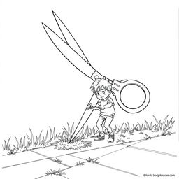 A surreal coloring page depicting a child enthusiastically cutting grass on the sidewalk with a gigantic pair of scissors, towering majestically over the child