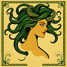 The silhouette of Medusa in a Greek drawing style for a book cover, depicted with flowing snake hair that elegantly curves around her head