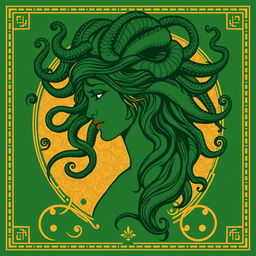 The silhouette of Medusa in a Greek drawing style for a book cover, depicted with flowing snake hair that elegantly curves around her head