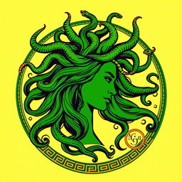 The silhouette of Medusa in a Greek drawing style for a book cover, depicted with flowing snake hair that elegantly curves around her head